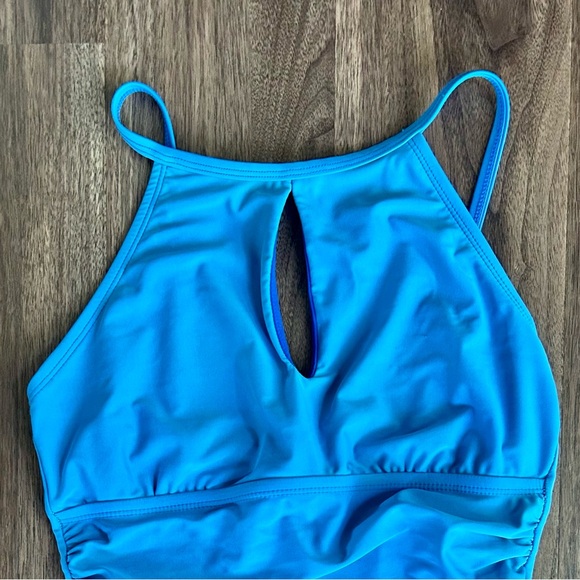 Ellen Tracy Blue One Piece Swimsuit High Neck Keyhole Front Size M | Gently Used - Picture 3 of 10